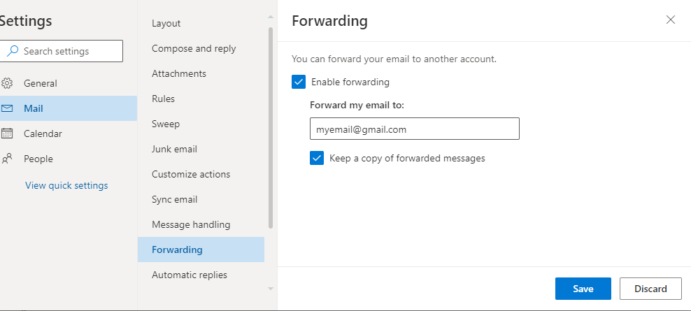 outlook settings forwarding screenshot